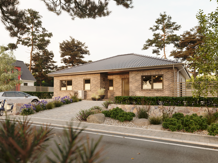 ungalow 128 Straßenansicht mit Klinkerfassade in Cinder Kohle Zeitloser Bungalow 128 mit dunkler Klinkerfassade Cinder Kohle, gepflegte Vorgartengestaltung mit Hecken und Steinen